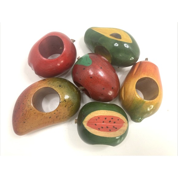 The Unbranded Brand Other - Vtg Set Of 6 Wooden Fruit Napkin Rings Hand Painted Apple Avocado Mango Etc